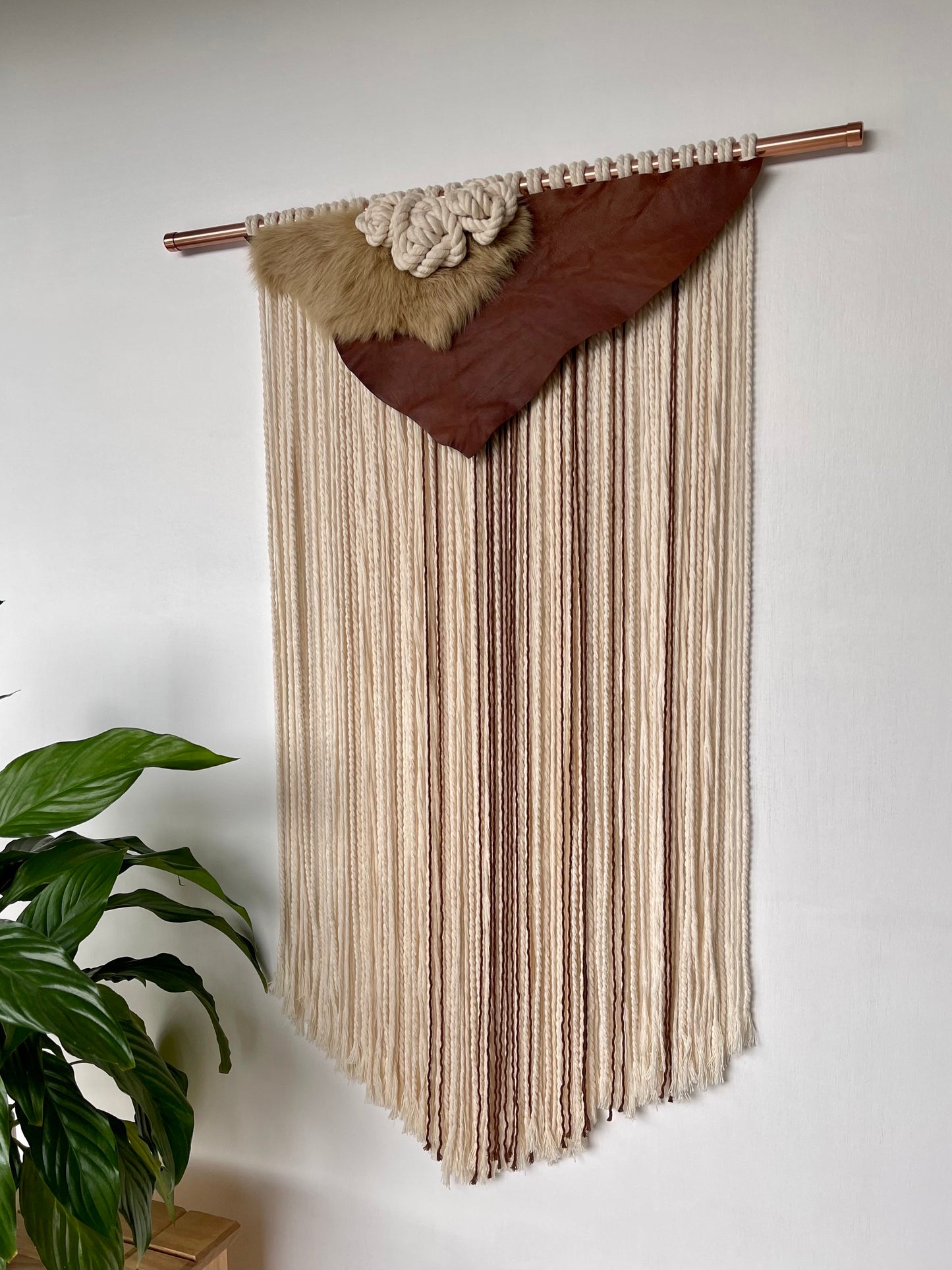 Handcrafted large cream brown leather cotton cord sheepskin wall hanging