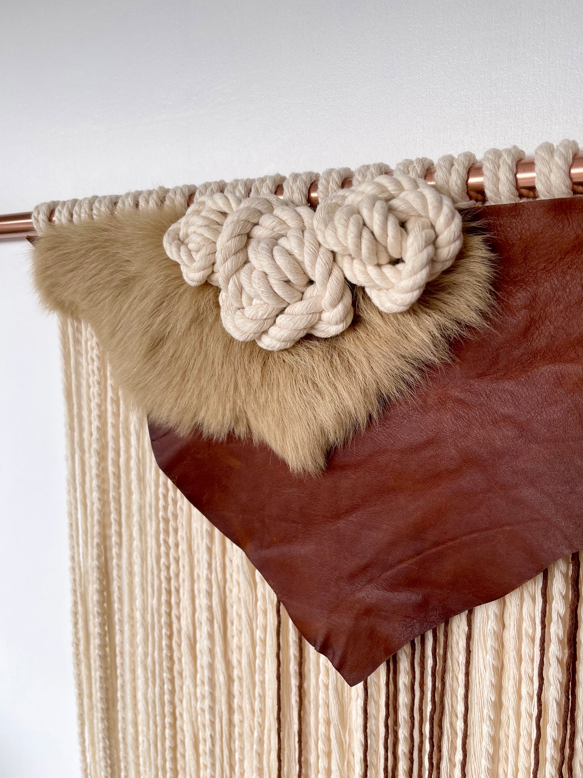 Handcrafted large cream brown leather cotton cord sheepskin wall hanging