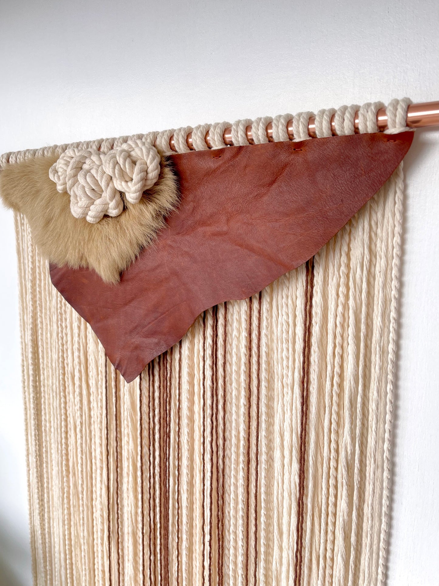 Handcrafted large cream brown leather cotton cord sheepskin wall hanging