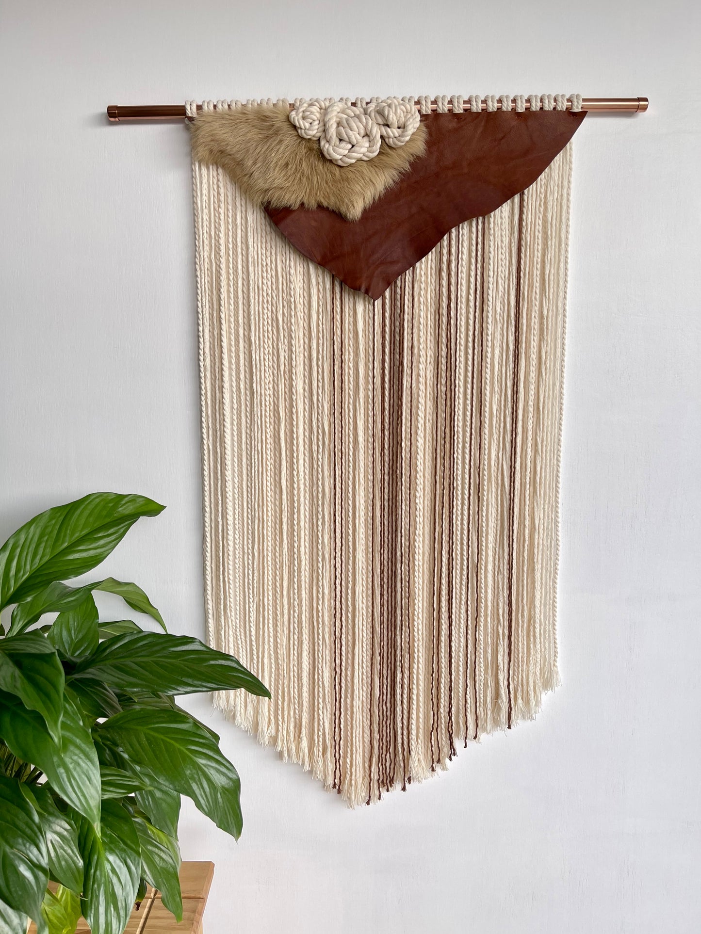 Handcrafted large cream brown leather cotton cord sheepskin wall hanging