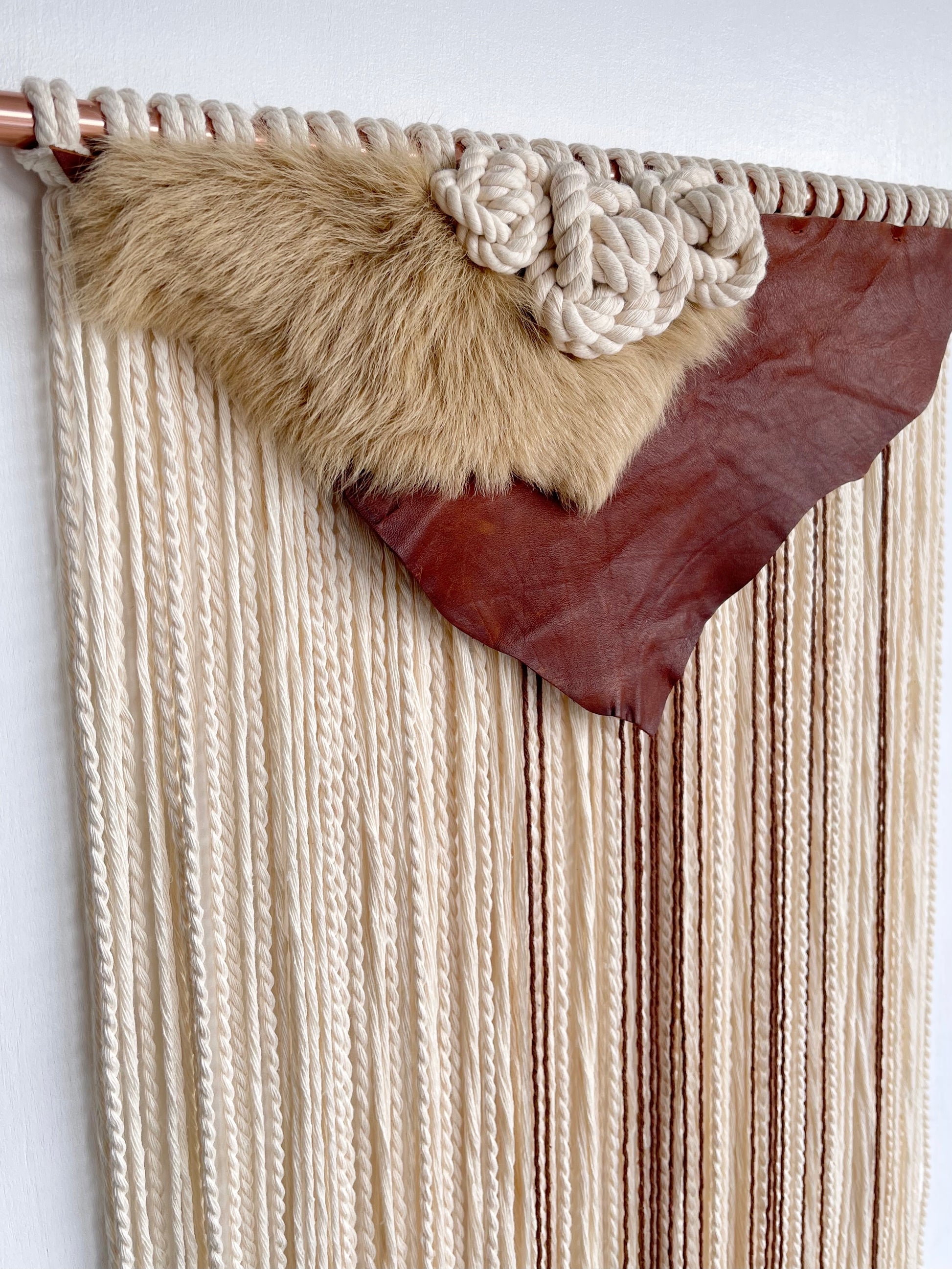 Handcrafted large cream brown leather cotton cord sheepskin wall hanging