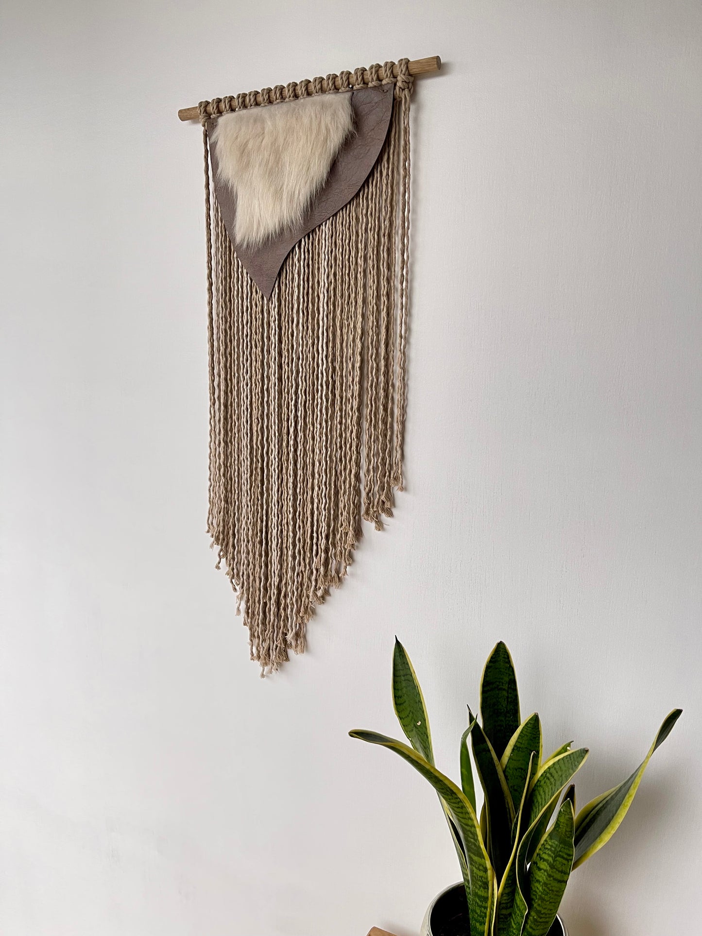 Handmade brown beige leather sheepskin cotton cord fibre art wall hanging