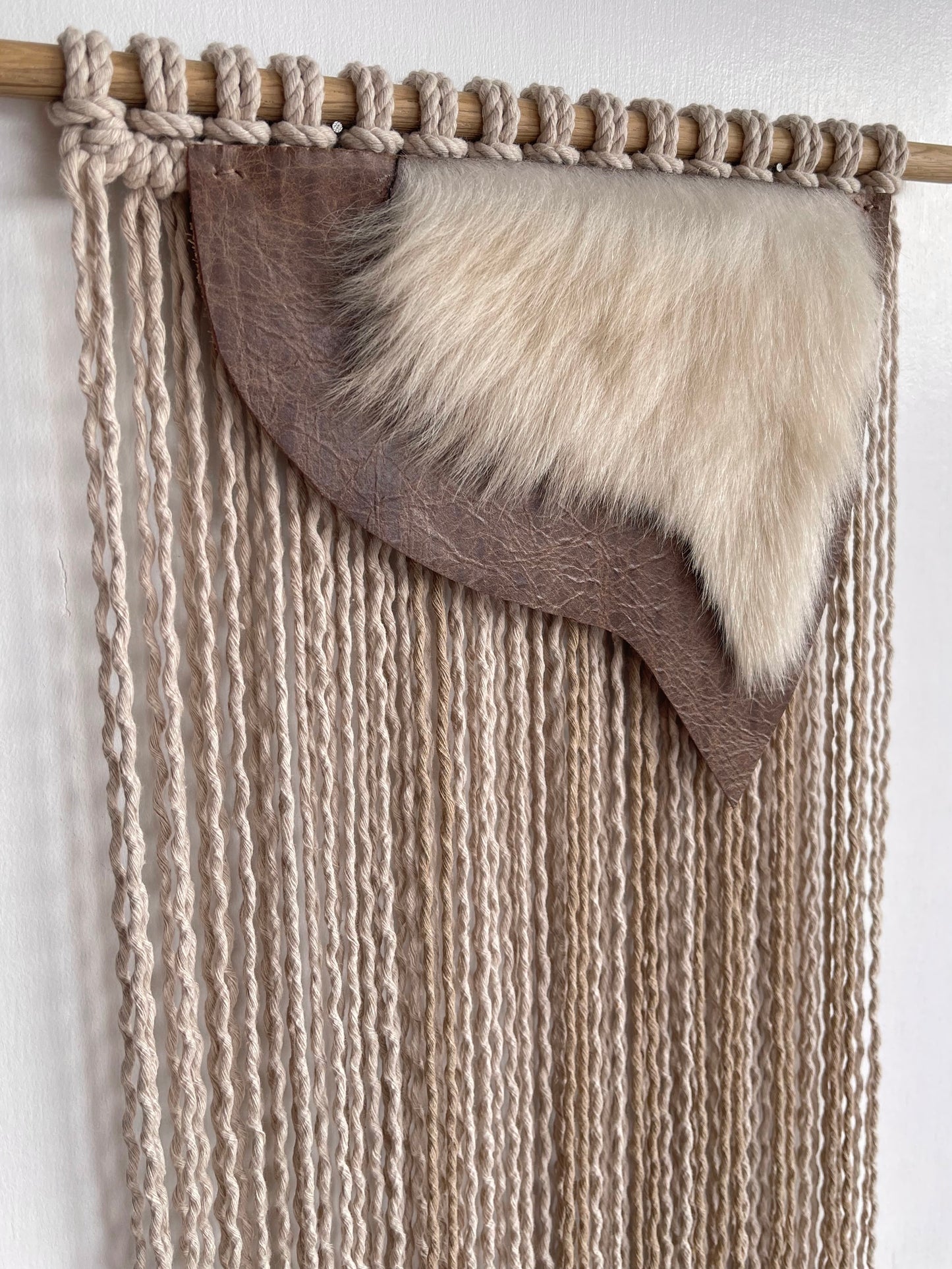 Handmade brown beige leather sheepskin cotton cord fibre art wall hanging