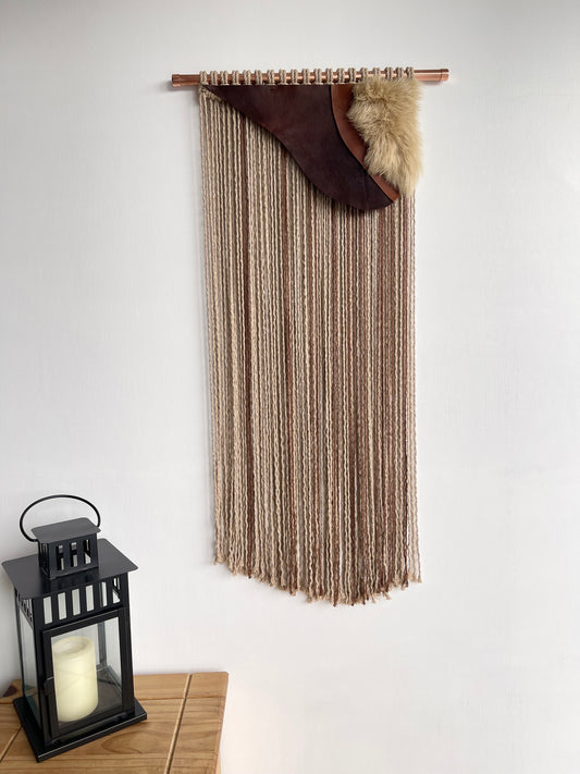 Handmade brown cotton cord leather sheepskin fibre art wall hanging 