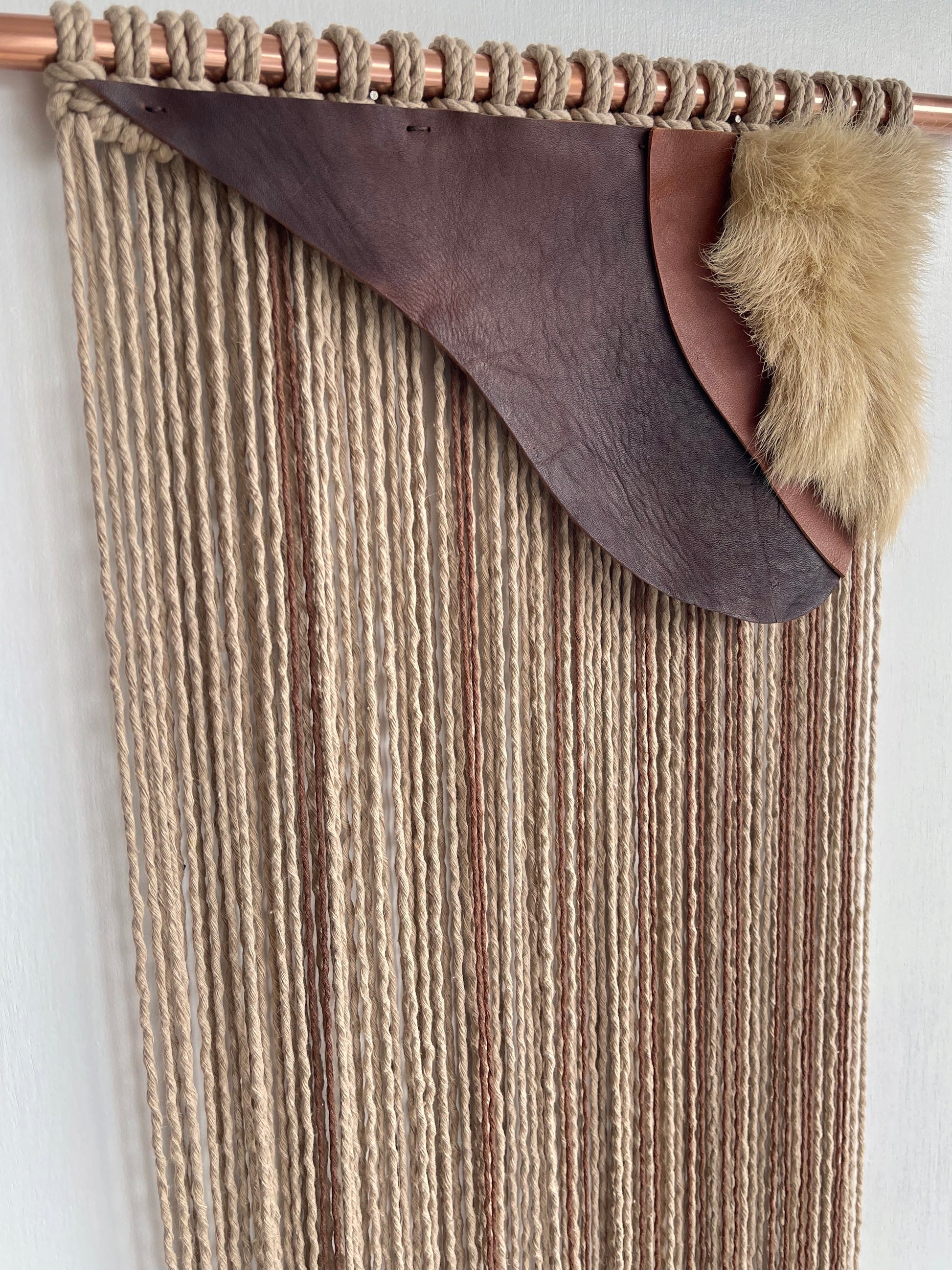 Handmade brown cotton cord leather sheepskin fibre art wall hanging