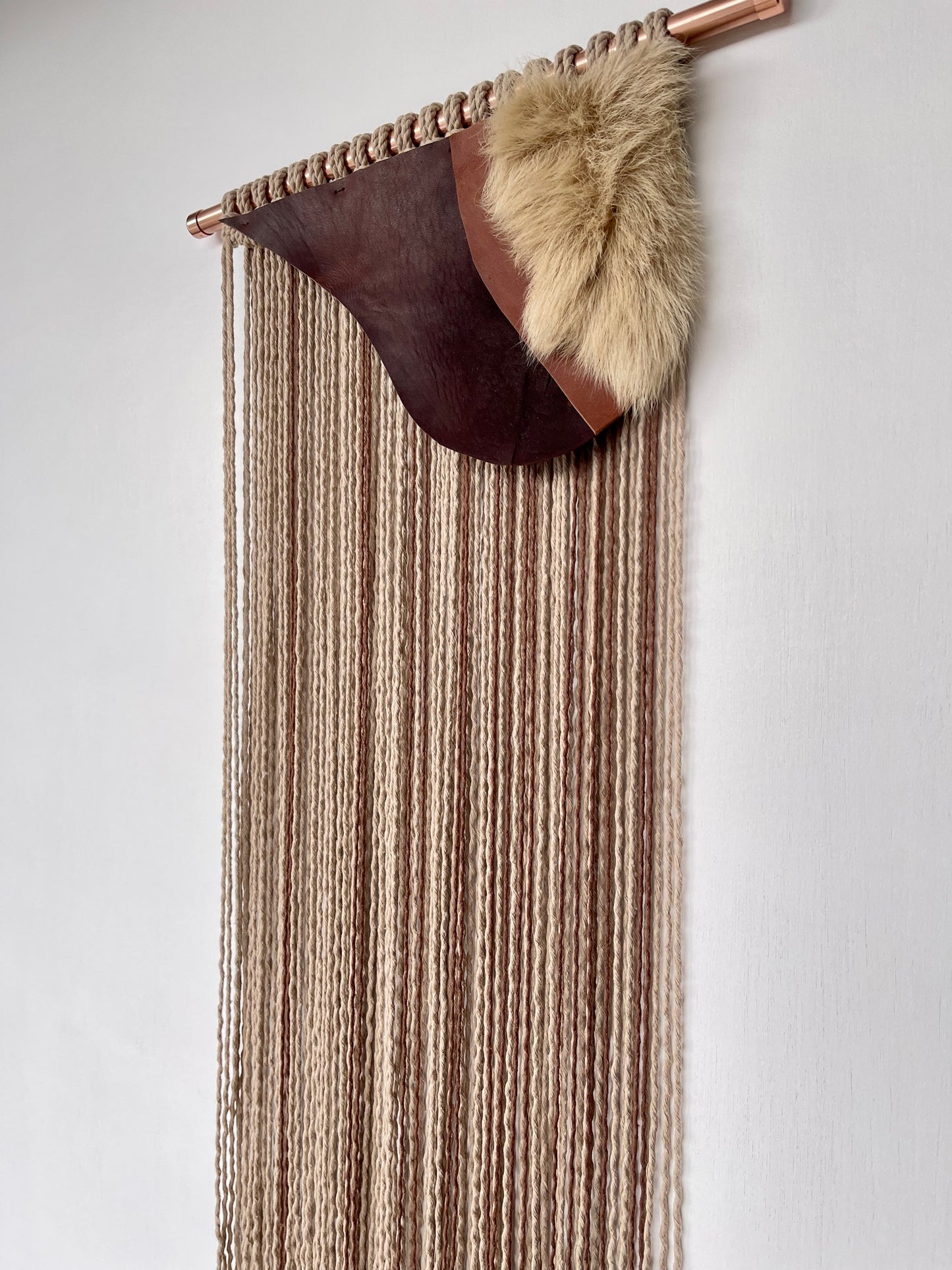Handmade brown cotton cord leather sheepskin fibre art wall hanging